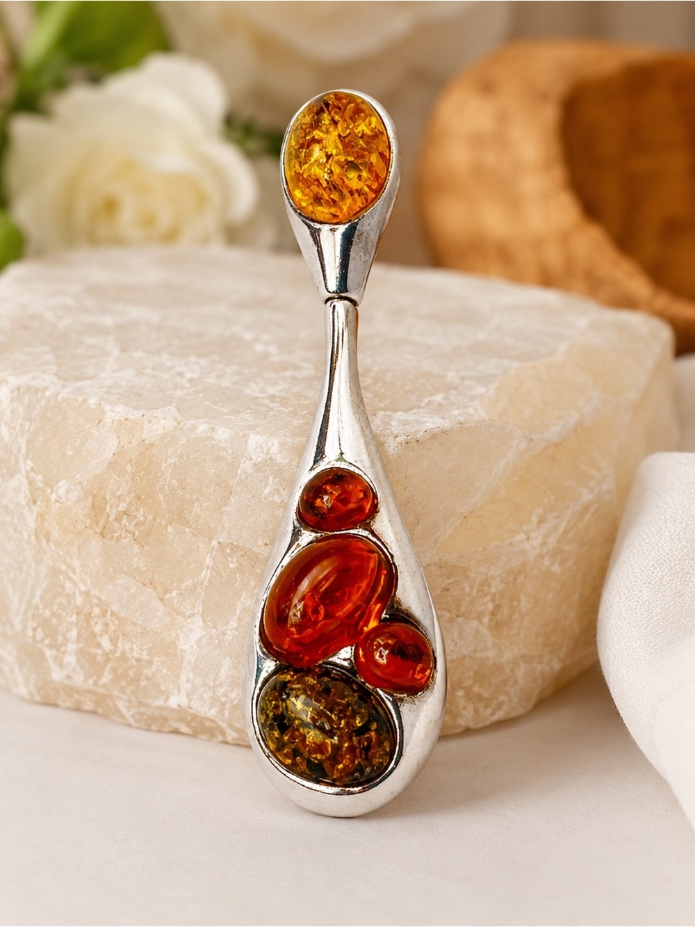 Sterling Silver Multicolor Baltic Amber Teardrop Pendant Modern Artisan